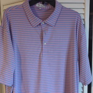 Peter Millar Men's Blue and Pink Striped Polo XXL